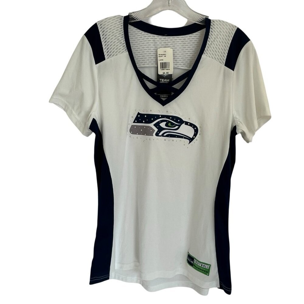 Seattle Seahawks Shirt Womens Large V-Neck Rhinestone Logo NFL Football NWT